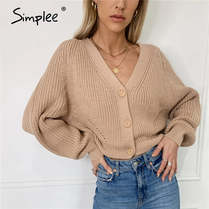 Simpleev-neck knitted women cardigan